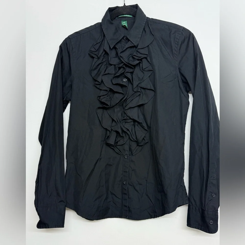 Ralph Lauren Black Ruffle Dress Shirt 100% Cotton Size XS - Picture 1 of 4